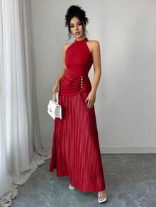 SHEIN Elenzya Vestido largo de mujer de cuello redondo y halter verde, estilo de vacaciones de verano, elegante, sin mangas, con diseño de dobladillo plisado 2 en 1 - Rojo - Ver 5