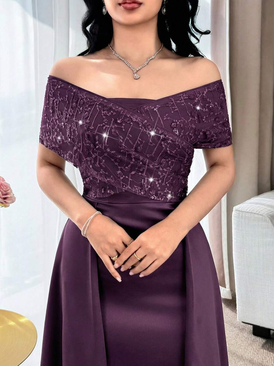 Feyla Đầm dạ hội dáng chữ A sang trọng, thanh lịch, thắt eo, cao cấp, hàng mới về. - Màu tím - Xem 1