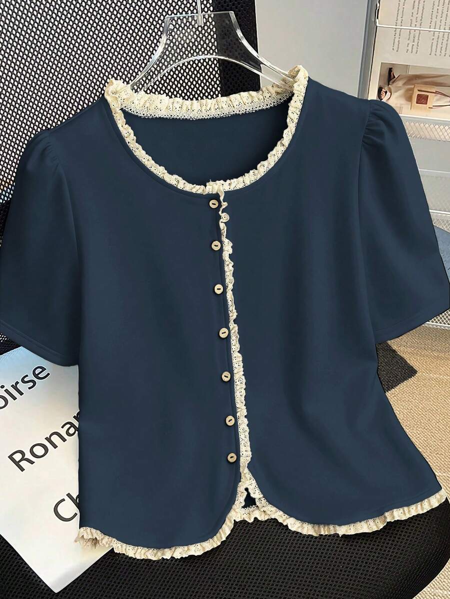 GlowEve Women's Casual Contrast Color Lace Trim T-Shirt, Summer - Dusty Blue - View 1