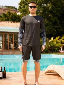 Manfinity VDAYZ 男士极简印花长袖防晒泳衣套装 - 彩色 - 查看 3