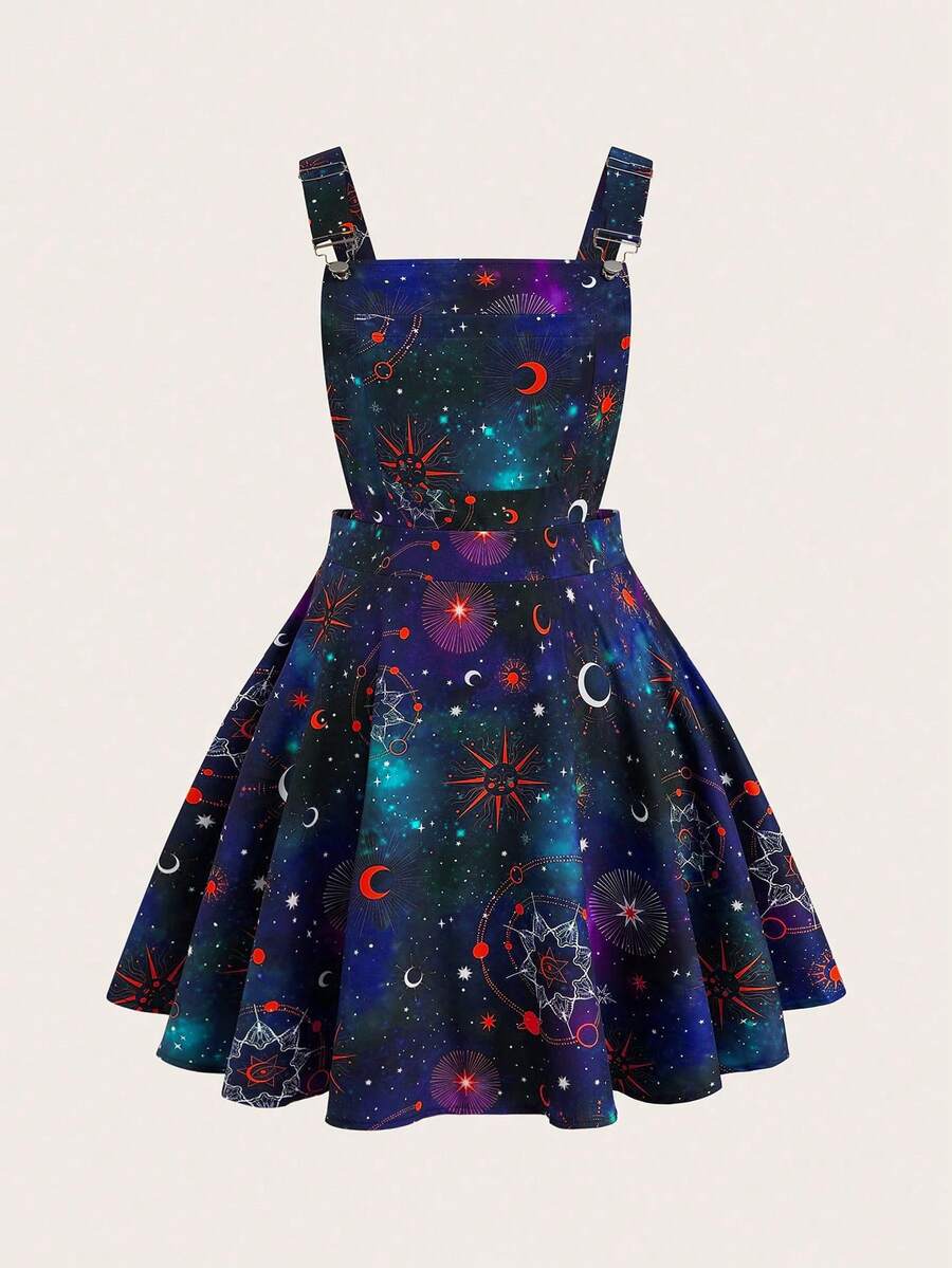 Sweetra 大码夏季时尚暗黑宇宙印花吊带裙 - 彩色 - 查看 1