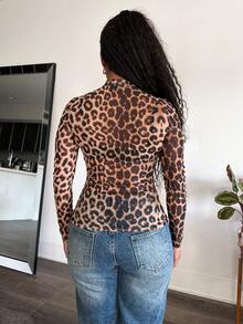 Tyla Gomez 豹紋印花網紗上衣不附胸罩 - 棕色 - 查看 2