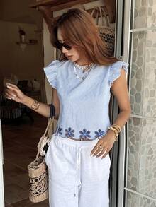 Serisse 女士度假休闲条纹镂空刺绣短袖衬衫 - 藍白色 - 查看 1