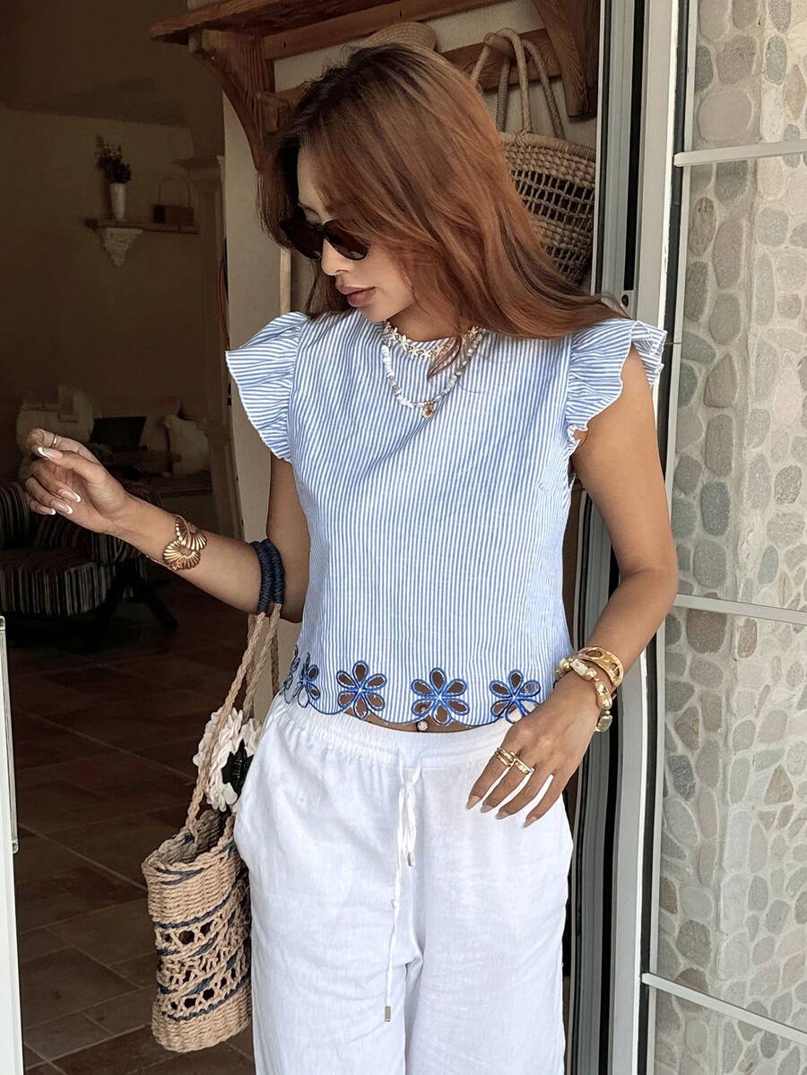 Serisse 女士度假休闲条纹镂空刺绣短袖衬衫 - 藍白色 - 查看 1