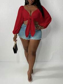 Slaydiva Áo kiểu Slayr-Plus buộc dây phía trước, cỡ lớn, mùa hè. - Đỏ - Xem 4