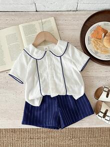 SHEIN Set de 2 piezas Ropa de niño bebé primavera/verano fresca y linda con rayas verdes, incluye camisa de manga corta con cuello y pantalones cortos verdes, adecuado para eventos elegantes, invitado de boda, paje, portador de anillos, boda, cumpleaños, bautizo y baby shower - Azul - Ver 4