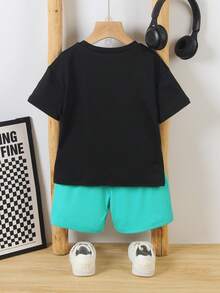 2pcs/Set Toddler Boys' Summer Casual Fashionable Comfortable Graphic Print Round Neck Raglan Top And Striped Print Shorts For Daily Outdoor Wear - Green - View 2