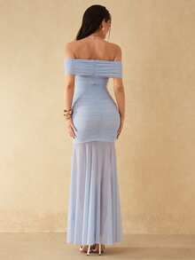 Silquee Damen Hellblau Off-Shoulder gerafftes Mesh Kleid, verführerisches figurbetontes Oberteil A-Linien-Rock, Sommer Party Nacht Tag Party elegant sexy Abend - Blau - Übersicht 2