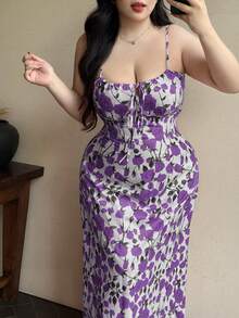 SHEIN Tall 大码前后系带腰部隐形拉链吊带连衣裙，适合高个女性 - 紫色 - 查看 5
