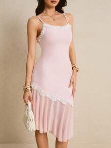 Poéselle French Elegant Pink Lace Trim Camisole Dress,Light Pink Asymmetrical Hem Lace Trim Midi Dress, Spaghetti Strap Sleeveless Elegant Summer Wedding Guest Brunch Party Outfit For Women,French-Style Dress,2026 New Arrival, - Pink - View 5