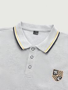 Camisa polo de manga corta con estampado de escudo a rayas para hombre, de verano - Gris - Ver 5