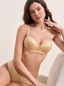 Hourtrue Women's Solid Color Lace Bra With Underwire And Triangle Panties 2pcs/Set Lingerie - Apricot - View 3