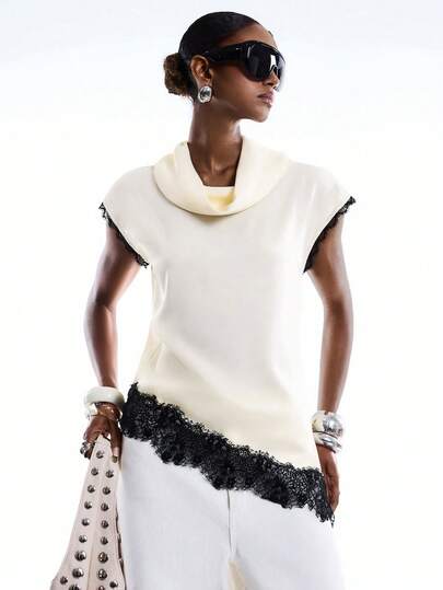 LYSMO 2026 New Arrive Minimalism Spring/Summer Women's Asymmetric Hem Lace Trim Scoop Neck Blouse /Summer Tops/Summer Clothes /Summer Outfits For Women / Summer Outfits /Spring/ Easter Outfits/Festival /Festival Outfits For Women /Festival Outfits/Party Top/Party Outfit /Beach Outfits For Women/Beach Outfit/Wedding/Graduation Outfit For Mother /Elegant Women's Blouses/Casual Blouses For Women /Vacation Outfits Women/Holiday Outfits For Women/Vacation/Holiday/Summer Holiday Outfits /Holiday Outfits /Vacation Outfits For Women /Beach Vacation Outfits For Women /Women's Social Blouse/Formal Attire For Women /Office Outfits For Women/Work Tops For Women /Country /Country Concert Outfit /Country Style For Women /Women's Country Clothing /Female Country Look /Sequin Top/Yellow Top/Y2K Tops/Boho Tops