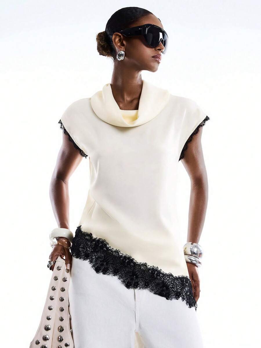 LYSMO 女士不对称下摆蕾丝边圆领衬衫 - 鵝黃色 - 查看 1