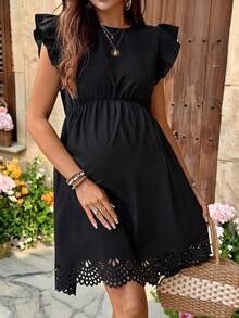 SHEIN Maternity Casual Solid Color Hollow Hem Dress - Black - View 6