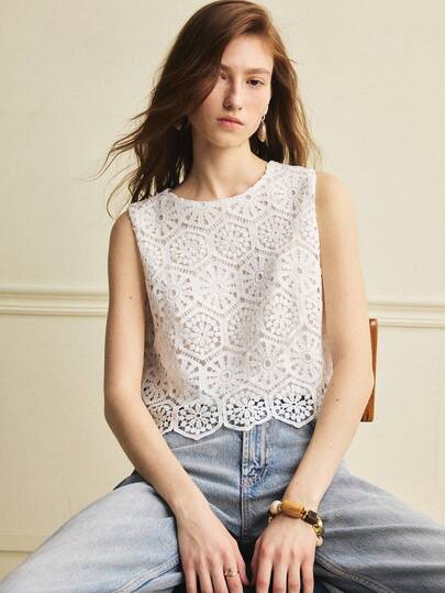 Écloséra 优雅复古蕾丝无袖背心，罗纹面料，女士优雅背心，白色