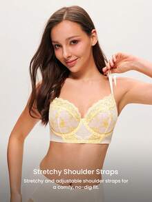 LUVLETTE Breathable Unlined Lace Elegance Push-Up Balconette Corset Lingerie Lounge Curve Yellow & White Floral Minimizer Bridal Bra As Outerwear Wedding - Beige - View 5