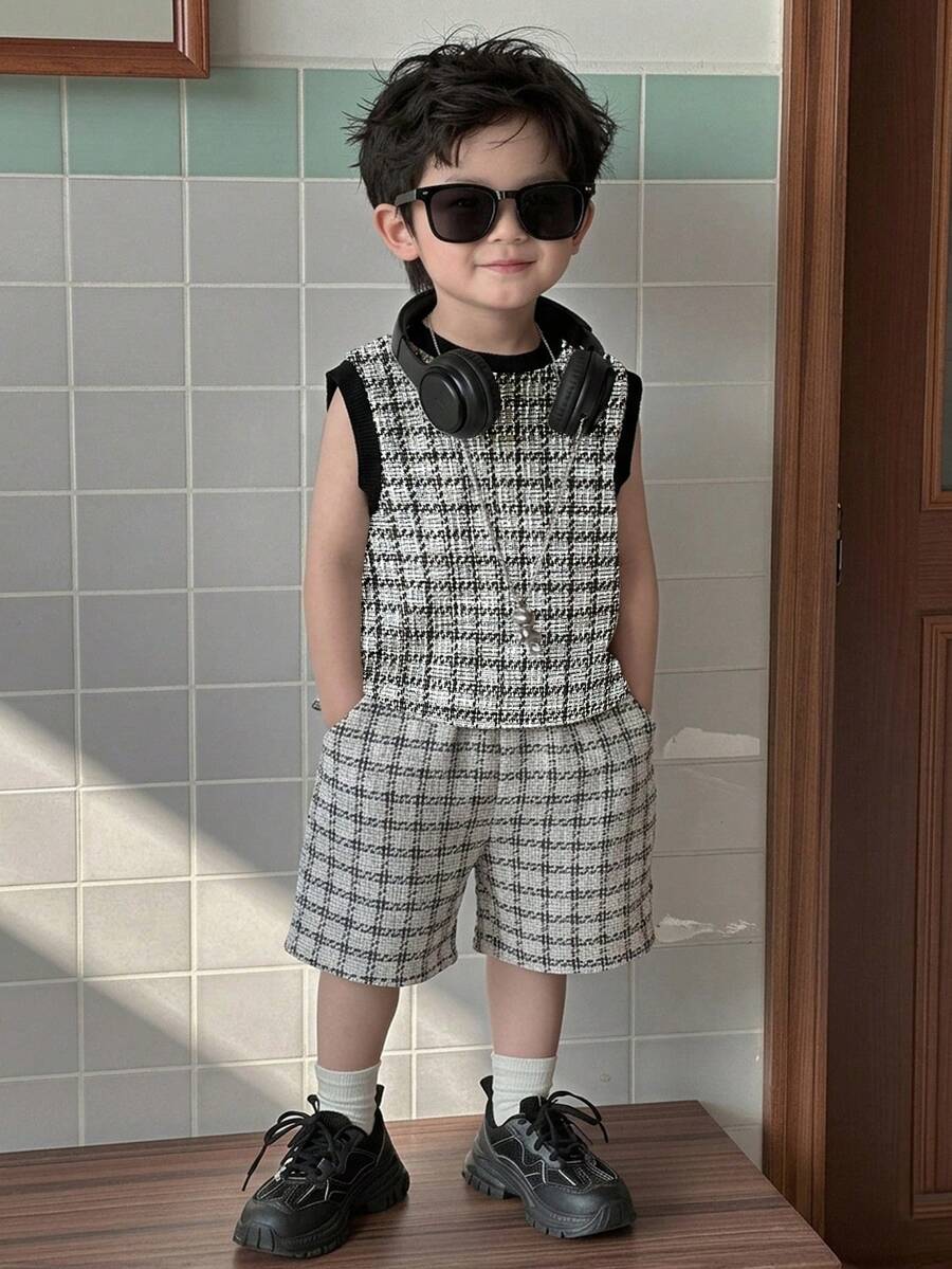 SHEIN Playful Pals 男婴夏季刺绣雪花背心T恤短裤套装 - 灰色 - 查看 1