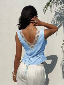 Aloruh 1127# Women's Fashion Resort Lace Patchwork Sleeveless Blouse - Baby Blue - View 2