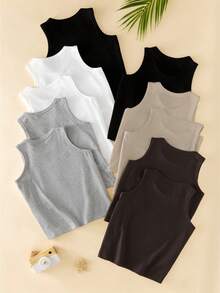 SHEIN 10件装男童舒适休闲无袖打底衫，简约设计风格，易于搭配，弹力透气针织面料，可机洗，穿着舒适，易于打理（5件单独出售） - 彩色 - 查看 2