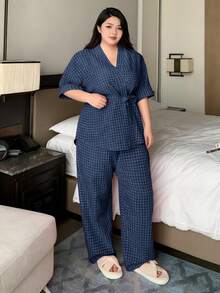 Dazy Plus Conjunto de pijama con cordón estilo tartán, apto para todas las estaciones - Azul Marino - Ver 5