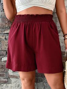 EMERY ROSE Quần short nữ cỡ lớn màu trơn, có bèo nhún, dáng rộng, có túi, kiểu dáng thường ngày. - Màu Đỏ Sâu - Xem 6