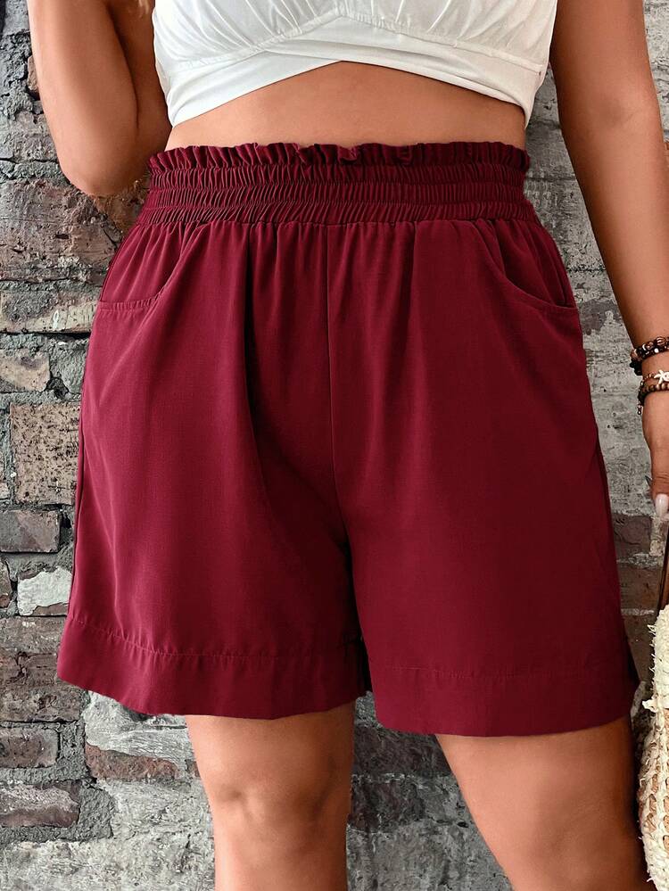 Plus Size Women Solid Color Frill Trim Pocket Loose Casual Shorts Summer Outfit For Women