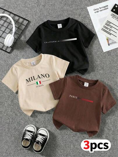 SHEIN Conjunto de 3 piezas para bebé recién nacido unisex, de 6 meses a 3 años, uso diario casual, camisetas de punto de algodón suave de cuello redondo y manga corta en beige, negro y marrón, adecuado para primavera, otoño e invierno, ropa deportiva, minimalista de moda, básico y versátil
