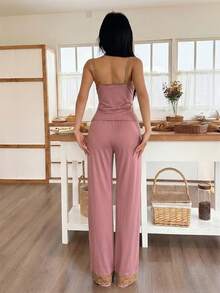 SweetSlumber Women's Lace Patchwork Camisole Top And Wide Leg Pants Casual Loungewear Set - Camel - View 2