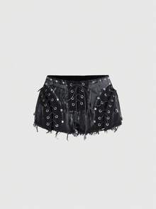 ROMWE Grunge Punk Sexy Metallic Skull Lace-Up Low Waist Distressed Denim Shorts - Black - View 1
