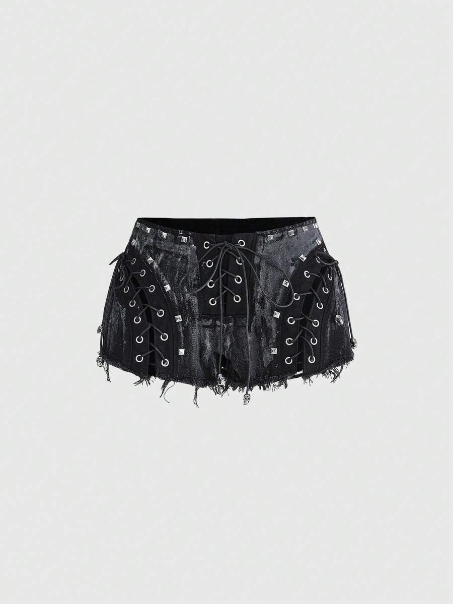 ROMWE Grunge Punk Sexy Metallic Skull Lace-Up Low Waist Distressed Denim Shorts - Black - View 1