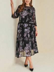 Rometta 女士优雅简约网纱蕾丝拼接花卉大码两件套黑色花卉连衣裙女士雪纺连衣裙女士优雅真丝连衣裙女士优雅派对连衣裙女士特殊场合连衣裙黑色花卉长裙女士花卉正式连衣裙蕾丝边连衣裙 - 彩色 - 查看 4