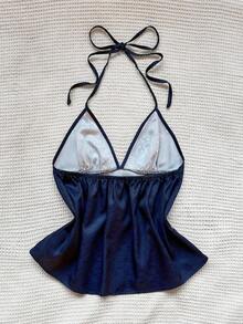 Sweetra Top sin espalda con cuello de halter estilo bohemio chic para mujer, diseño impreso distintivo, estilo de vacaciones de moda - Azul Marino - Ver 2