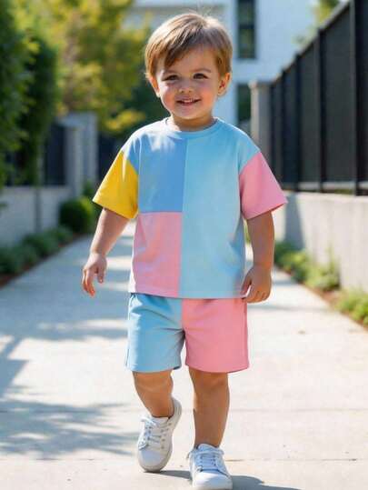 SHEIN 男童新款休闲简约Y2K风格T恤，经典撞色设计，时尚运动风，宽松舒适圆领短袖，适合春夏穿着。