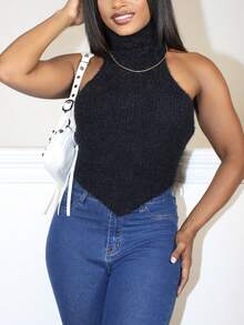 Steph T 休闲高领无袖不对称下摆修身针织背心 - 黑色 - 查看 4