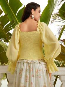 VOLUPTÉ CURVE Plus Size Spring/Summer Light Yellow Lace Mesh Tulle Square Neck Long Sleeve Waist-Cinching Ruffle Embroidery Short Sweet Top For Date, Party - Yellow - View 3