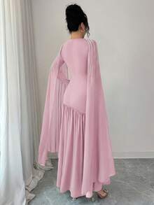 Modelyn Elegant Oval Collar Beaded Long Sleeve Coffee Color Dress For Women, Winter - Pink - View 2