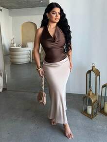 Dayanna Comas Áo Sơ Mi Đơn Giản Cà Vạt Cổ Màu Mai Thanh Lịch Cho Nữ - Cà phê nâu - Xem 1