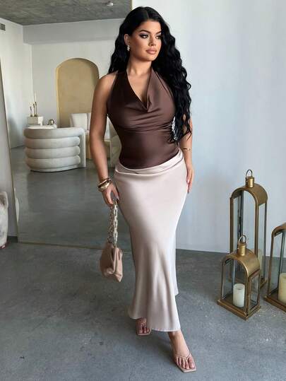 Dayanna Comas 優雅女士杏色披肩領頸結簡易襯衫