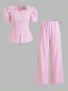 SHEIN 2件套女童花瓣袖上衣，斜扣褶裥下摆，搭配直筒阔腿裤套装 - 粉色 - 查看 7