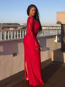 Tyla Gomez 女士新款秋冬派对约会夜性感 S 形蕾丝长袖胸罩杯鱼骨方领紧身连衣裙，黑色 - 酒紅色 - 查看 5