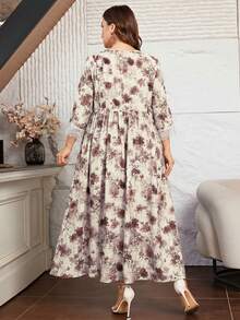 Lacomfia Đầm dáng chữ A tay lửng 3/4 in hoa, viền ren, cỡ lớn dành cho nữ. - Màu vàng - Xem 2