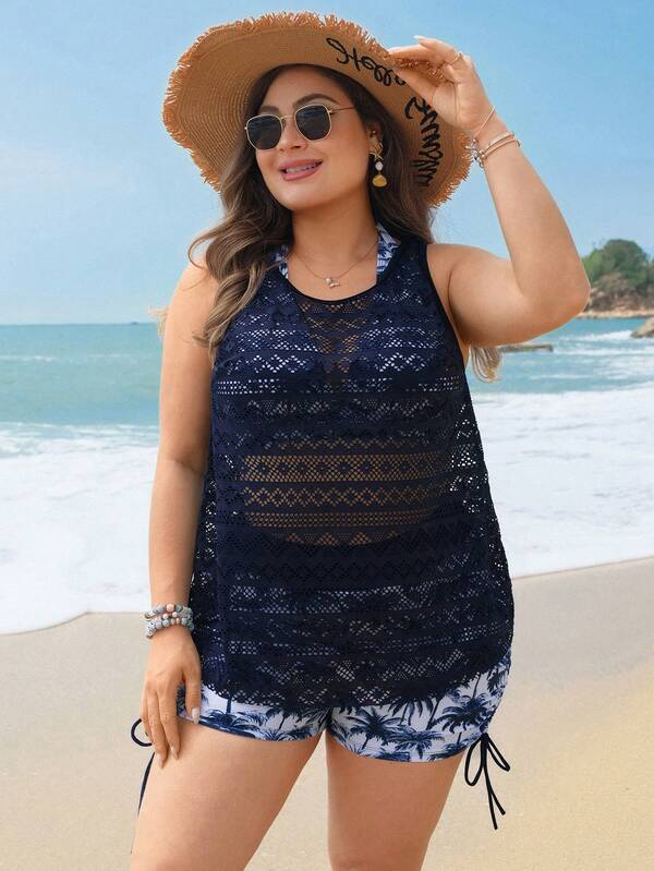 Swim Lushoire 大码女士三件套泳衣，椰树印花吊带上衣、短裤、镂空蕾丝罩衫，适合海滩、泳池、运动。