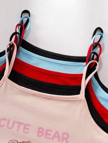 女童可爱字母、草莓、薯条、条纹、柠檬熊印花吊带背心+裤子睡衣套装，适合日常居家穿着（随机发货，3件吊带背心+3条裤子） - 彩色 - 查看 3