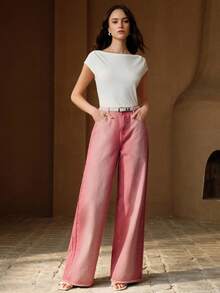Anewsta Jeans de pierna ancha de moda casual lavados en rojo para mujer - Rojo - Ver 7