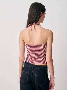 Nöista Top corto de cuello halter de punto a rayas, con escote con cuentas, con lazo y moño en la espalda para ajustar. Primavera, verano, Pascua, ropa de playa, estilo callejero. - Rojo - Ver 2