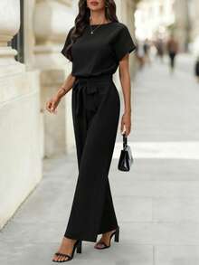 Editum 女士新款优雅圆领连体裤，收腰设计，显瘦塑形，抗皱，适合通勤，配有腰带 - 黑色 - 查看 4