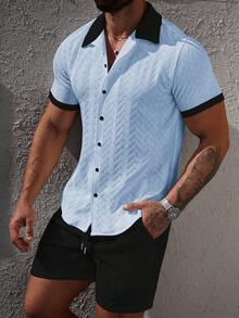 Manfinity CasualCool 2pcs Men's Contrast Color Shirt And Solid Shorts Set - Multicolor - View 5