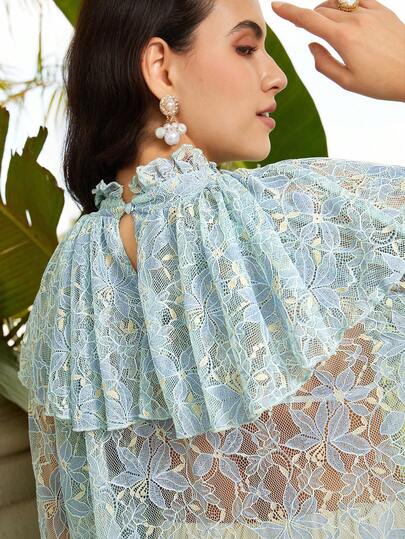 VOLUPTÉ CURVE 大码蓝色蕾丝荷叶边薄纱衬衫