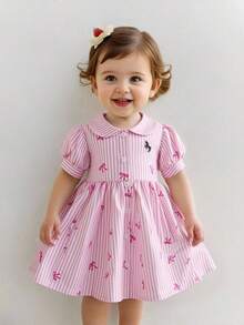SHEIN Playful Pals 女婴夏季新款休闲时尚学院风条纹蝴蝶结印花花瓣袖衬衫裙，适合日常优雅度假穿着 - 粉色 - 查看 10